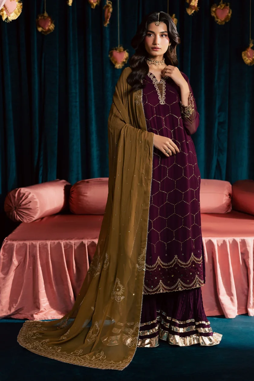 Unstitched Three Piece Embroidered Luxury Lawn Dress With Printed Silk Dupatta. Sajni ’25 by Zarposh.