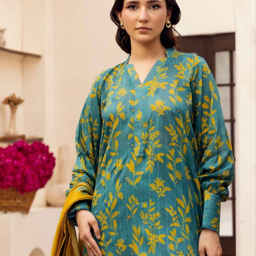Unstitched Three Piece Embroidered Luxury Lawn Dress With Printed Silk Dupatta. Sajni ’25 by Zarposh.